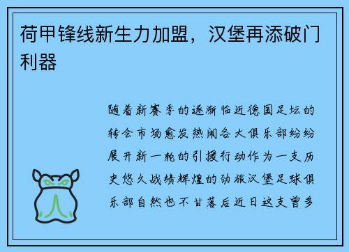 荷甲锋线新生力加盟，汉堡再添破门利器