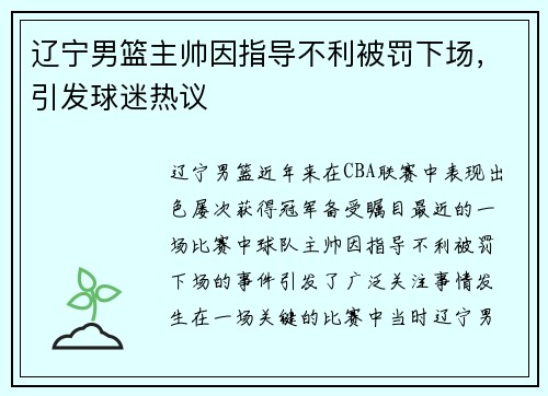 辽宁男篮主帅因指导不利被罚下场，引发球迷热议