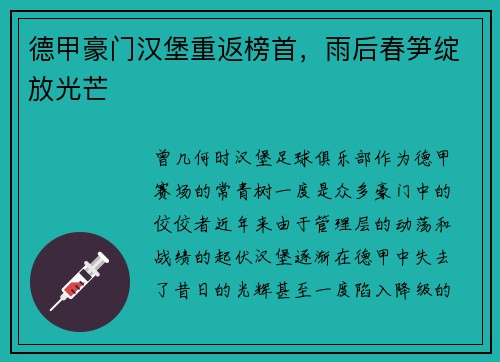 德甲豪门汉堡重返榜首，雨后春笋绽放光芒