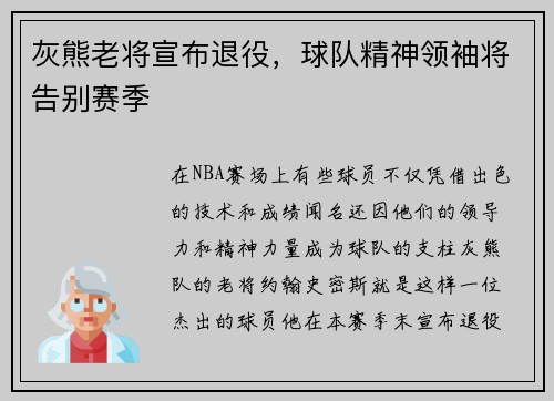 灰熊老将宣布退役，球队精神领袖将告别赛季