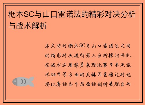枥木SC与山口雷诺法的精彩对决分析与战术解析