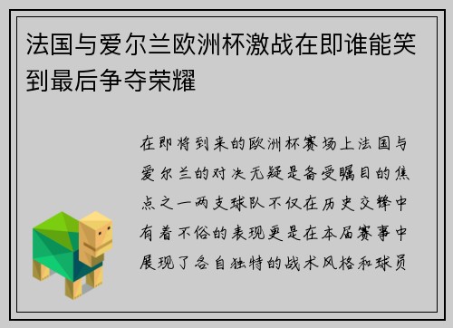 法国与爱尔兰欧洲杯激战在即谁能笑到最后争夺荣耀