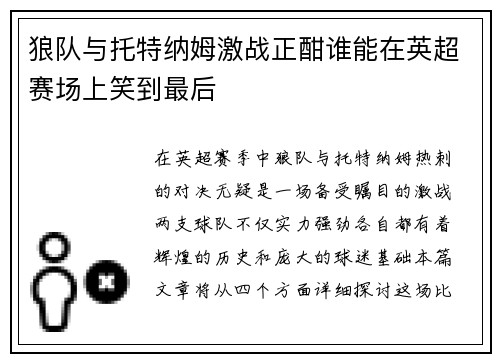 狼队与托特纳姆激战正酣谁能在英超赛场上笑到最后