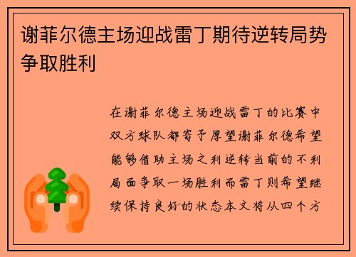 谢菲尔德主场迎战雷丁期待逆转局势争取胜利